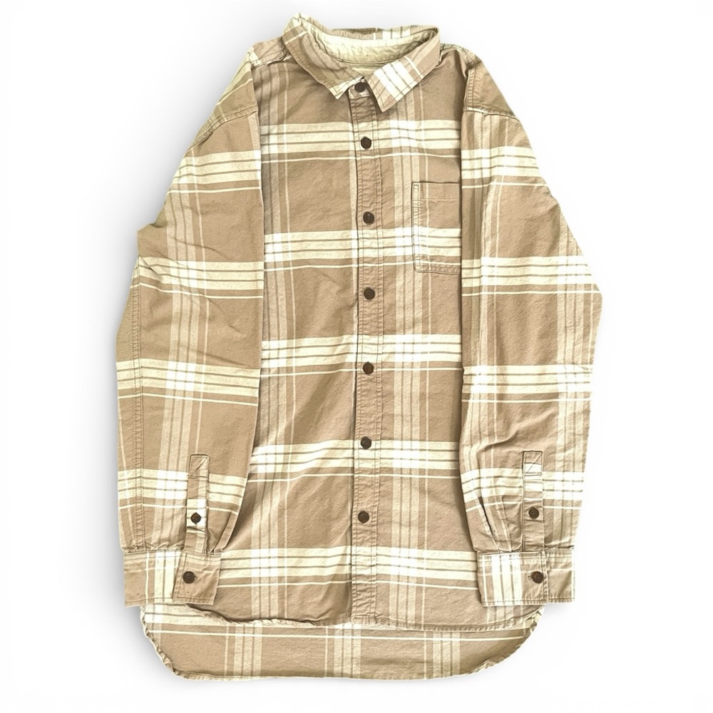 Men’s L On The Byas Longer Length Tan & Cream Plaid Button-Up Shirt